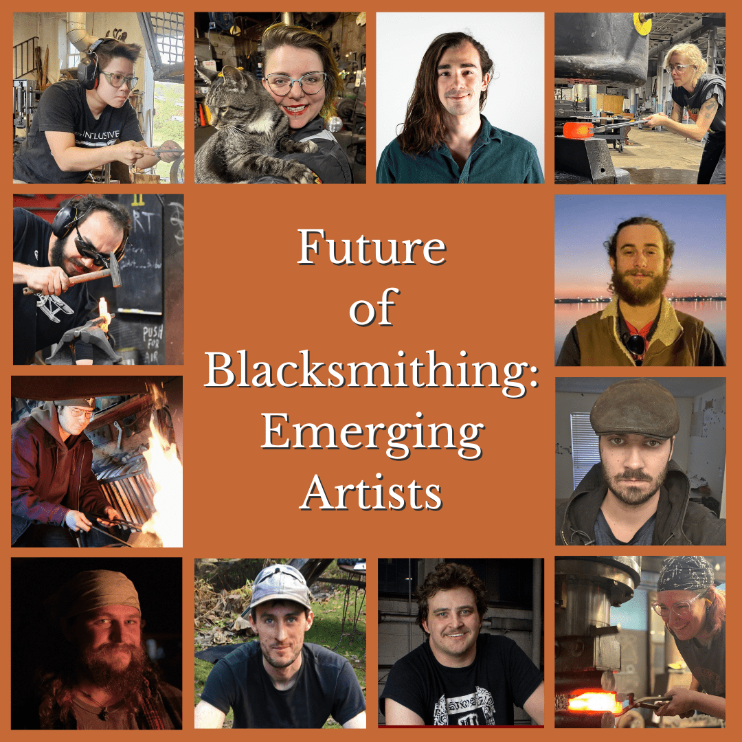 Collage of emerging blacksmiths with text: "Future of Blacksmithing: Emerging Artists"