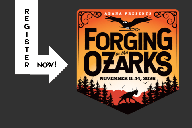 Card with text: "Register Now! ABANA Presents Forging in the Ozarks November 11-14 2026."